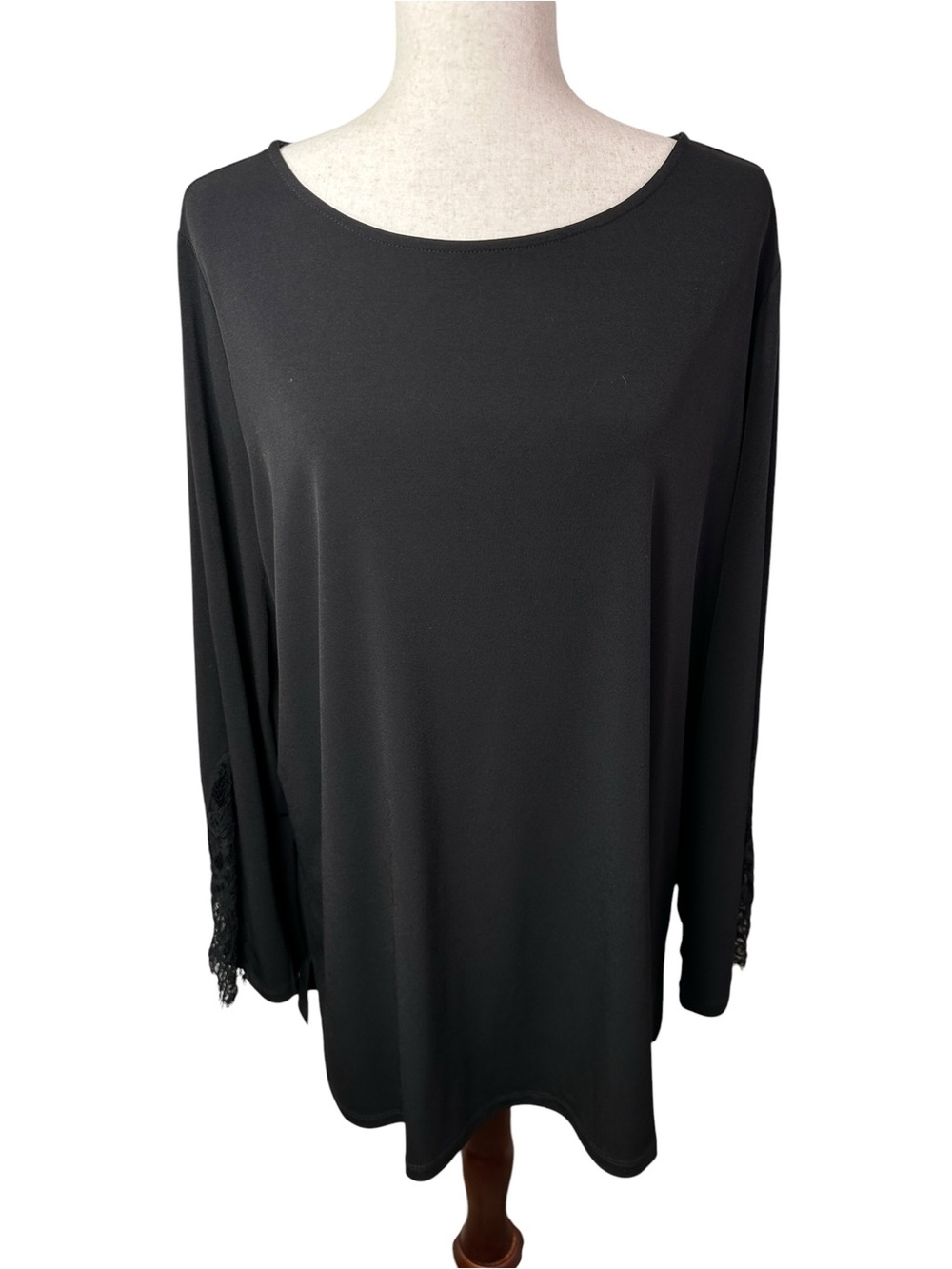 Susan Graver XL Black Lace Inset Sleeve Stretch Tunic Top